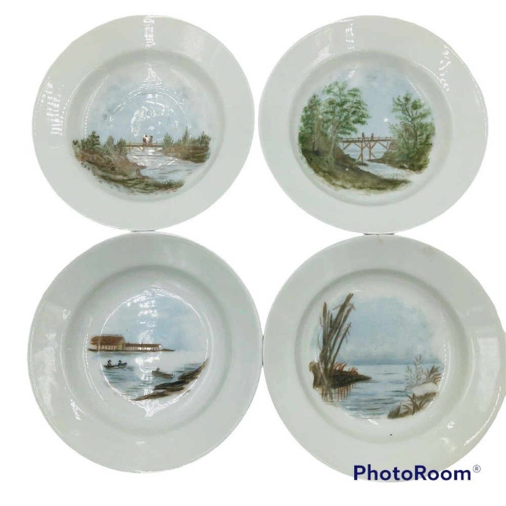 Set Of 4 Antique Hand Painted Haviland Limoges Marine Asian Scene Dishes